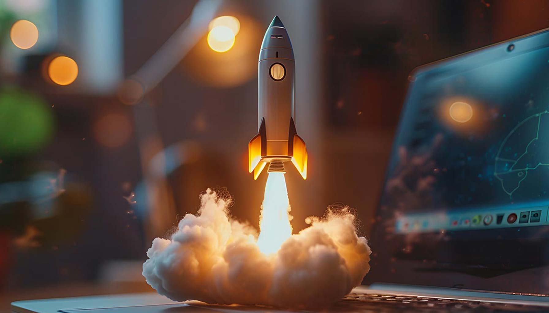 A toy rocket launches from a laptop keyboard, surrounded by smoke, with a blurred background featuring bokeh lights.